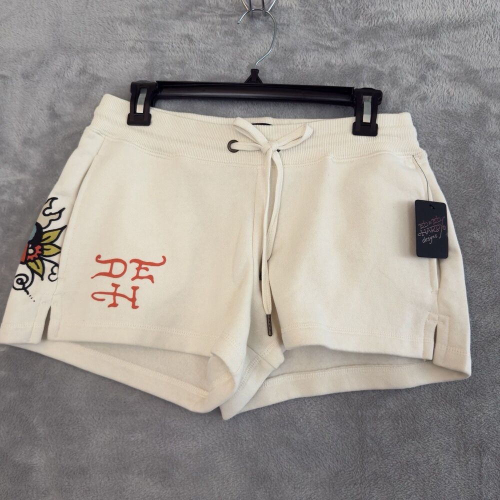 NWT Ed Hardy Fleece Shorts Mens M Y2K Tattoo Heart Graphic Drawstring